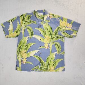 Tommy Bahama Shirt Men's L 100% Silk Hawaiian Camp Blue Banana Leaf Tropical